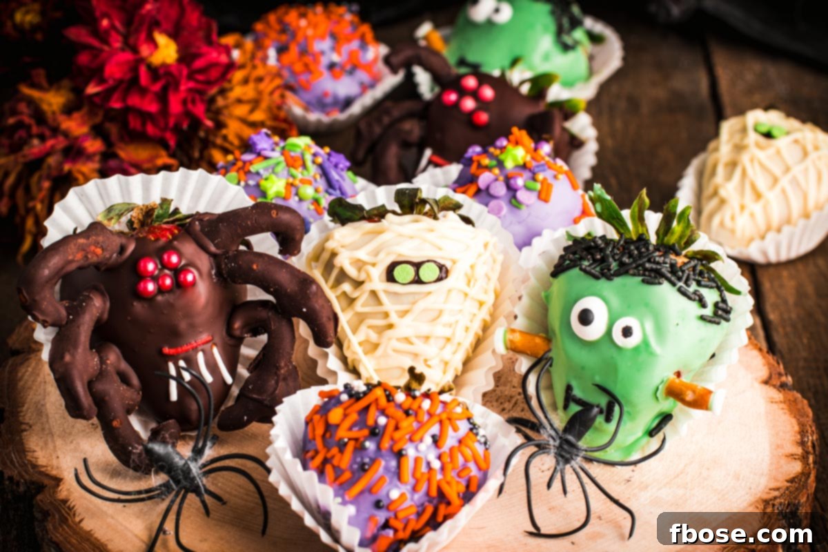 Halloween decorated strawberries on a wooden serving tray.