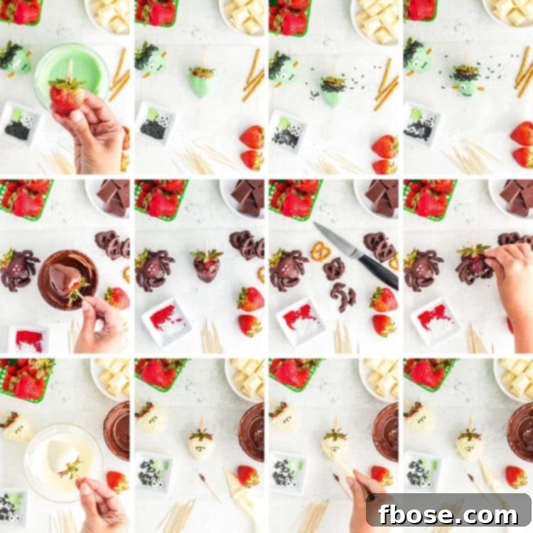 Step by step photo collage showing how to make chocolate covered strawberries for halloween.