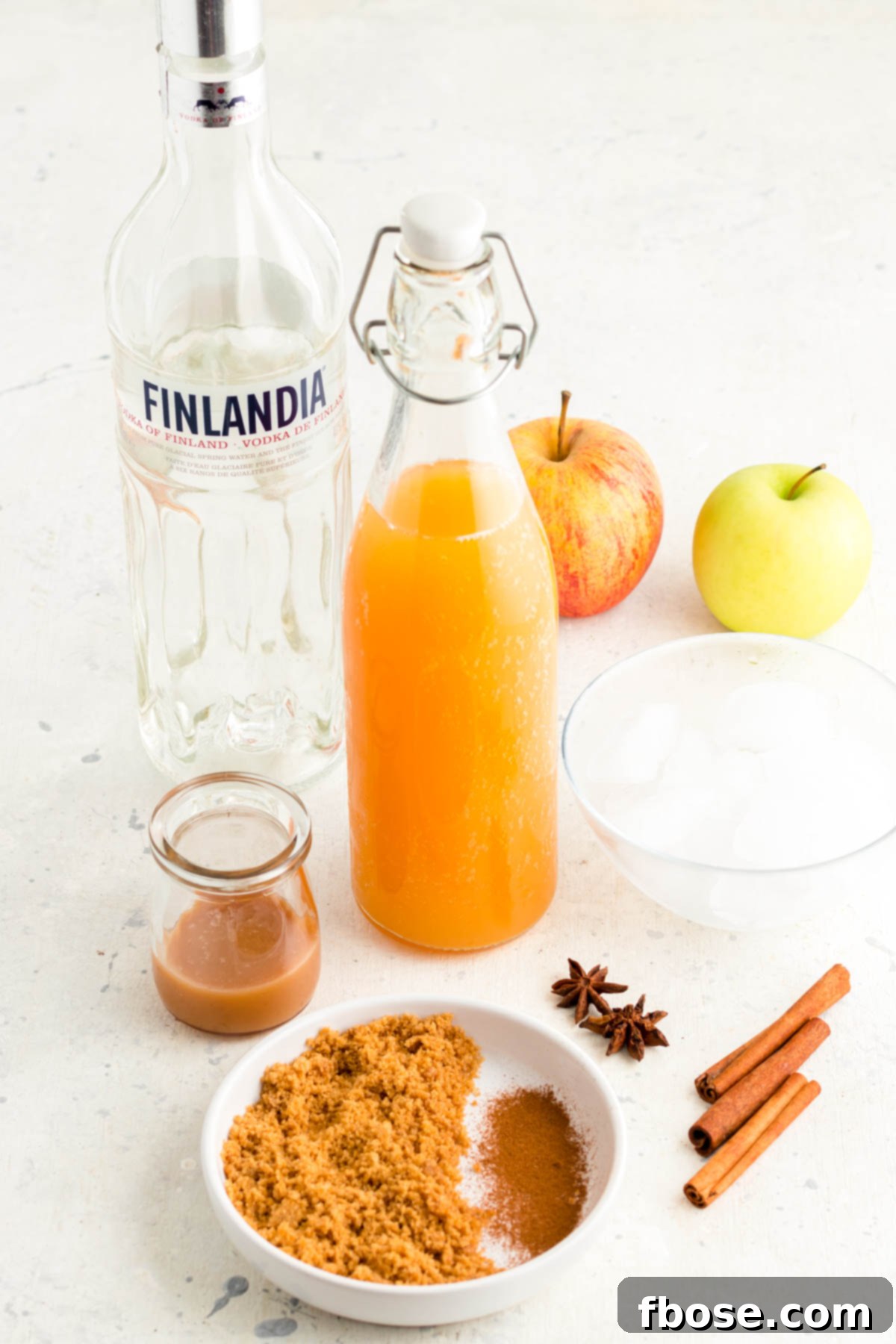 A beautifully arranged collection of ingredients for an apple cider martini, including fresh apples, a bottle of vodka, and various spices, all on a clean white table.