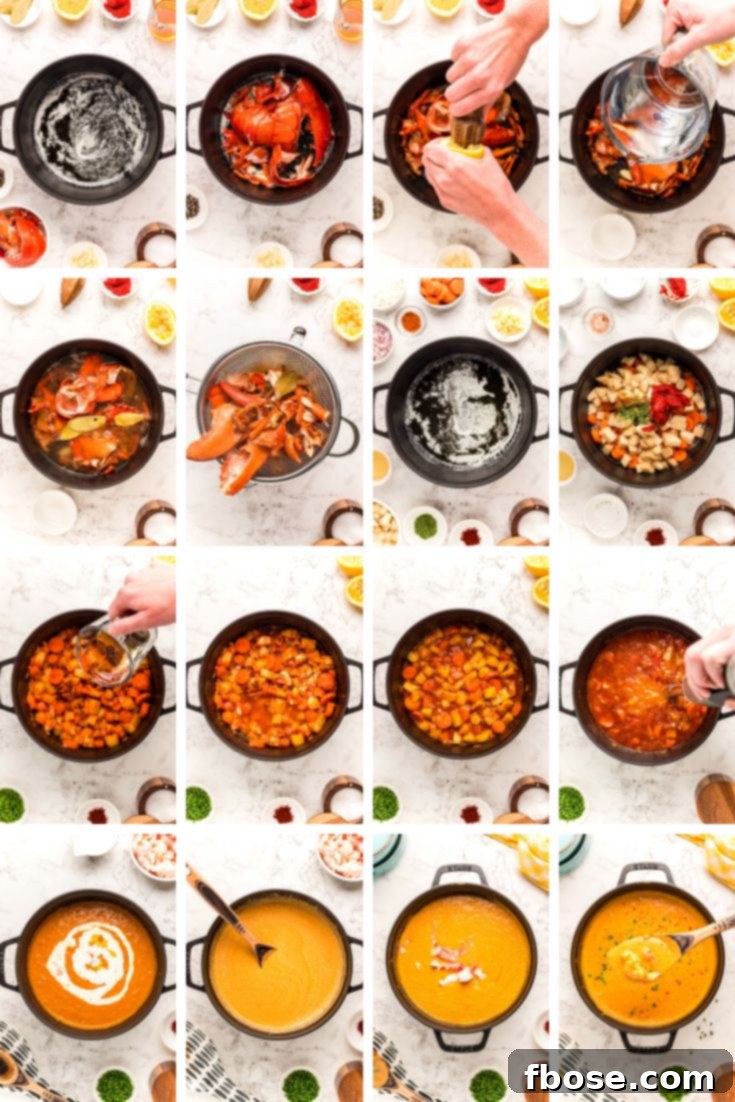 Ultimate Lobster Bisque From Scratch 5 Step by step photo collage showing how to make lobster bisque from scratch.