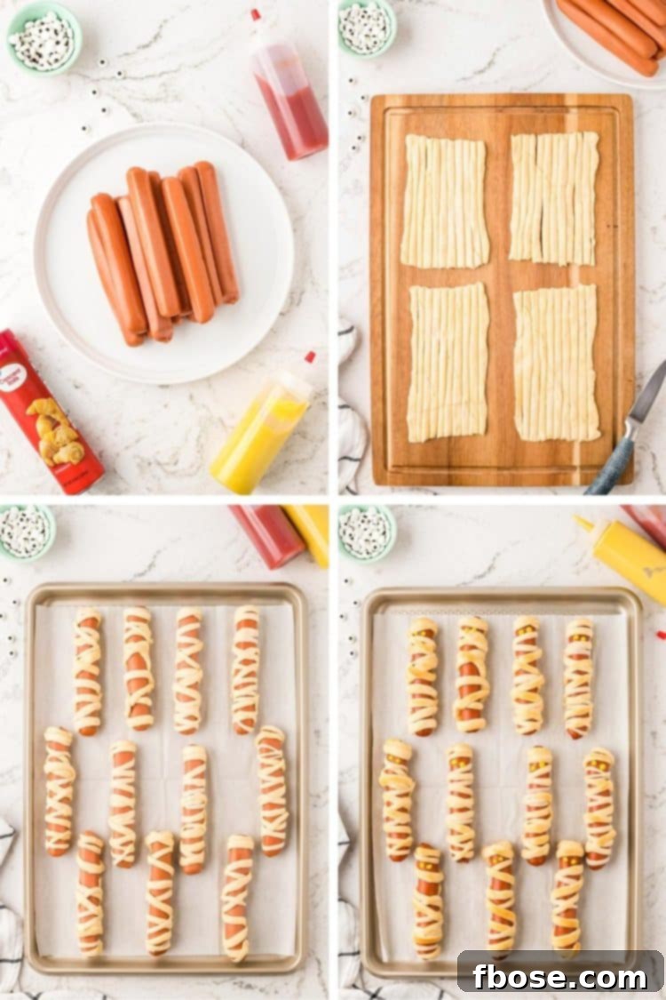 Photo collage showing the step-by-step process of how to make mummy hot dogs from wrapping to baking.