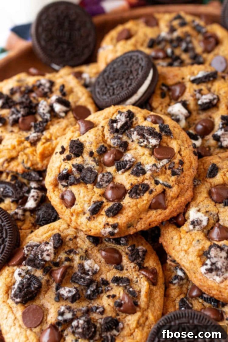 Oreo pumpkin chocolate chip cookies stacked in a pile.