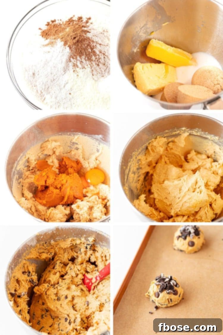 Step by step photo collage showing how to make pumpkin chocolate chip cookies with oreos.