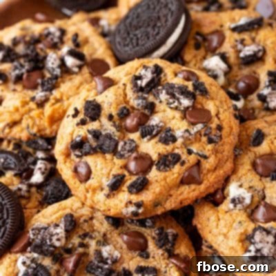 Oreo pumpkin chocolate chip cookies stacked in a pile.