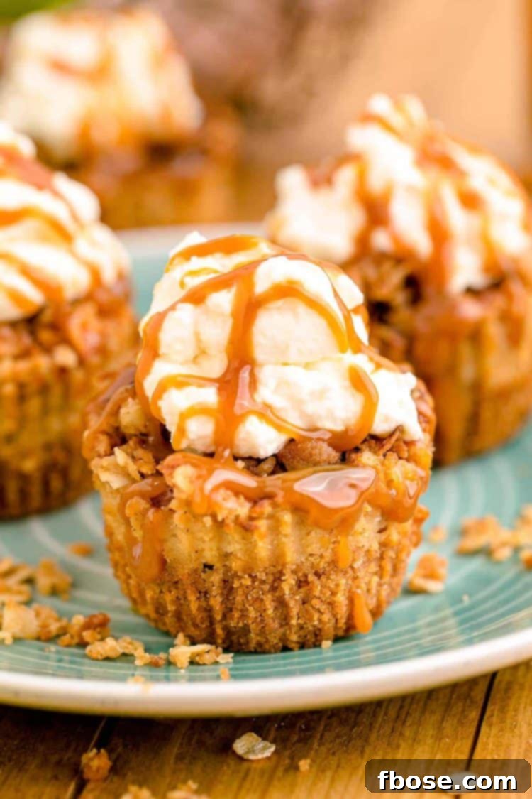 Mini caramel apple cheesecakes topped with whipped cream and a luscious caramel drizzle, presented beautifully on a blue plate.