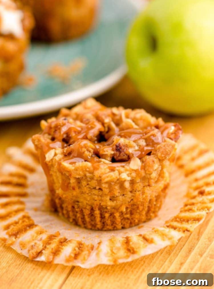 A single mini caramel apple cheesecake, beautifully garnished, resting on a rustic wooden table.
