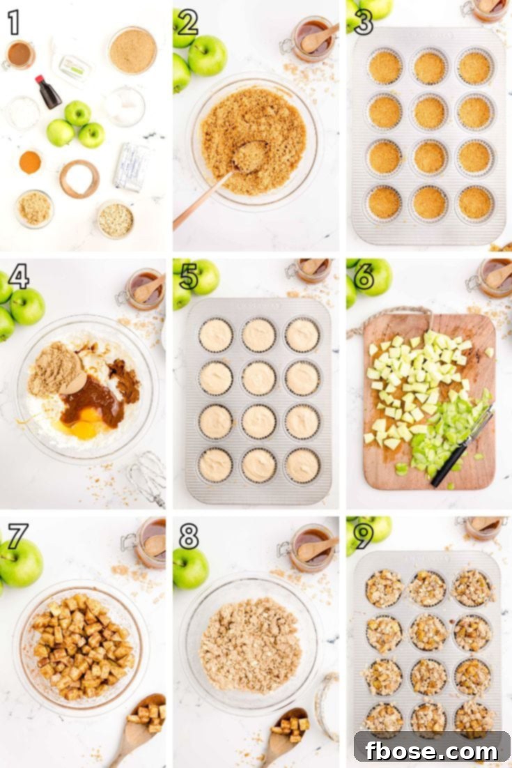 A step-by-step photo collage illustrating the process of making mini caramel apple cheesecakes, from crust to topping.