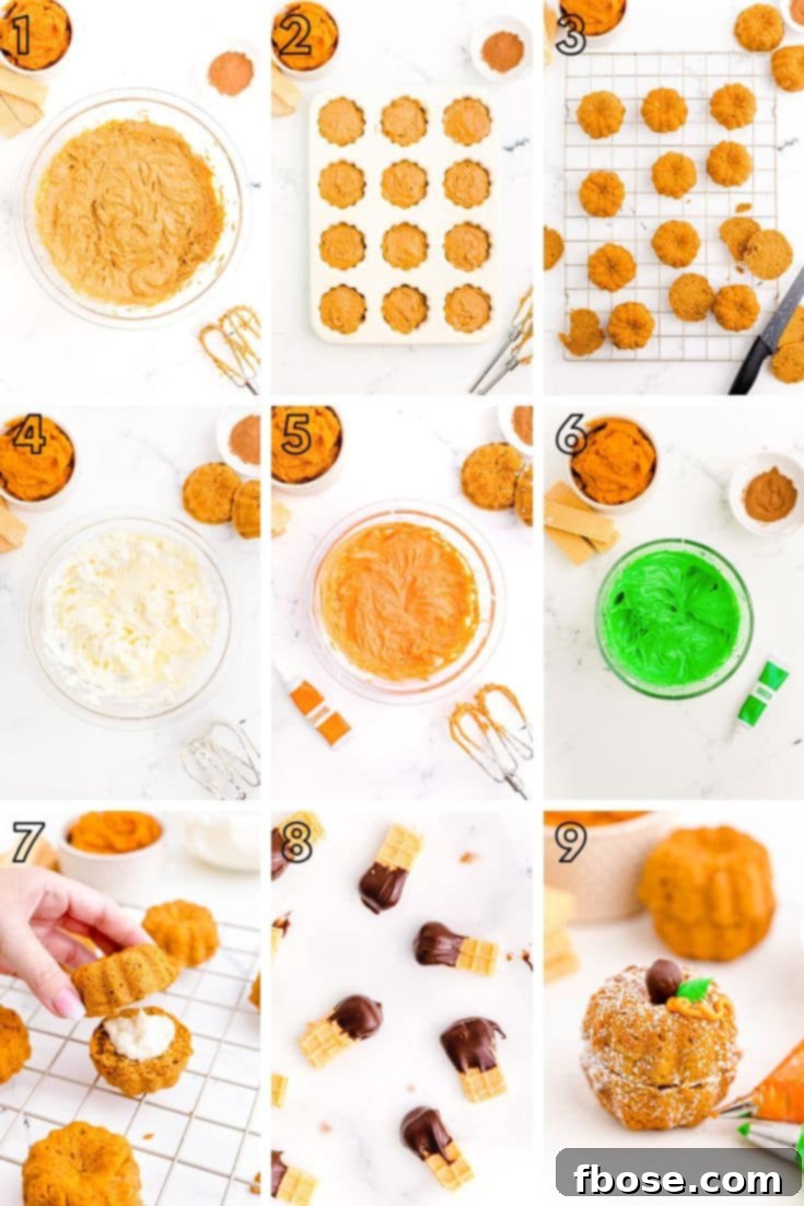A step-by-step photo collage detailing the process of making mini pumpkin bundt cakes, from mixing ingredients to final decoration.