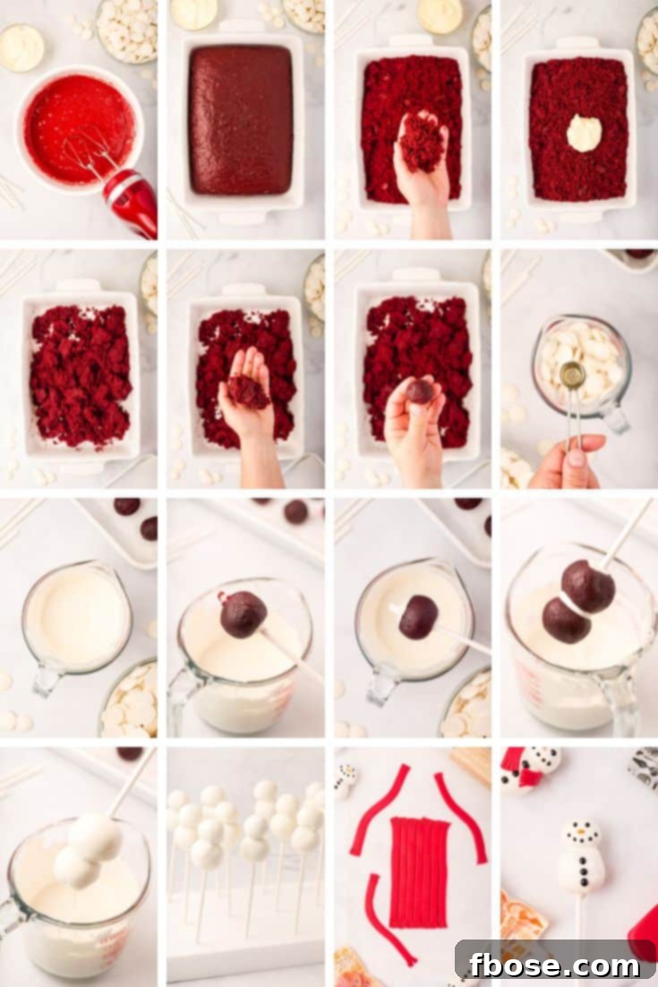 photo collage showing how to make snowman cake pops.