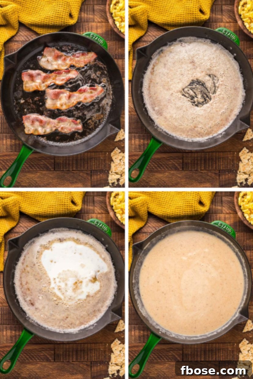 Step by step photo collage showing how to make sawmill gravy.