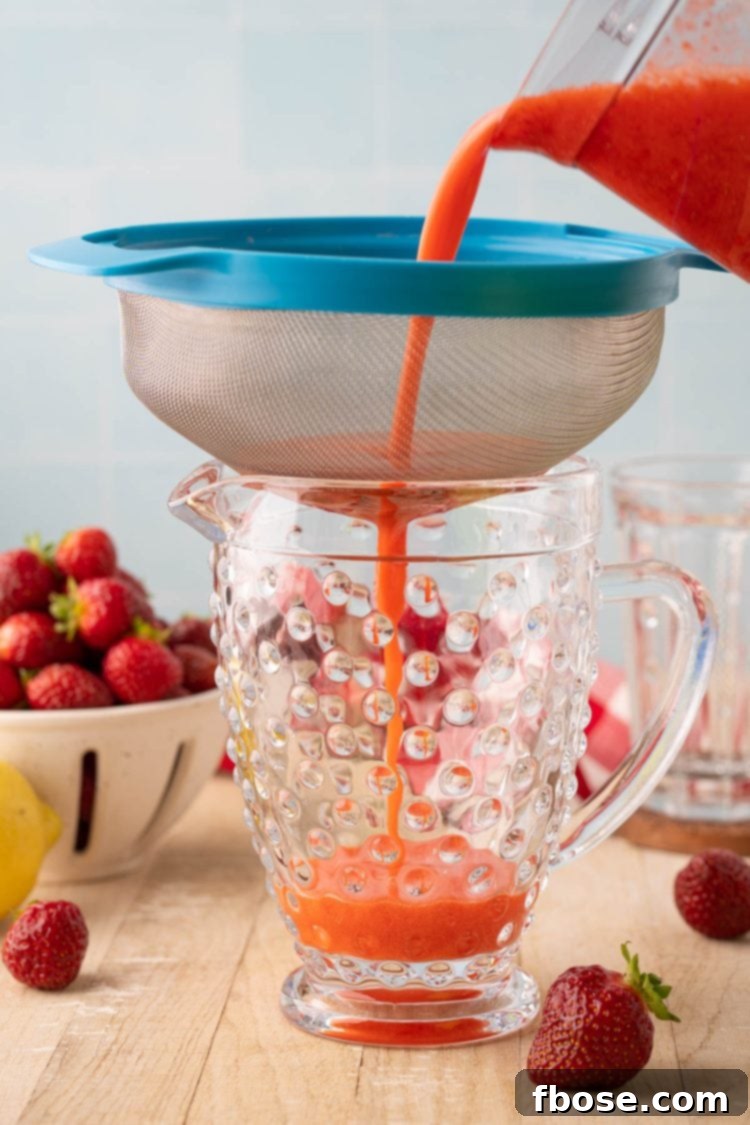 Strawberry puree being carefully strained through a fine mesh sieve into a bowl, separating the liquid from any remaining solids for a smooth concentrate.