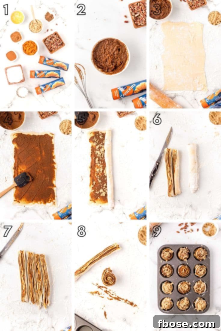 Step-by-step photo collage illustrating how to prepare pumpkin cinnamon roll muffins.