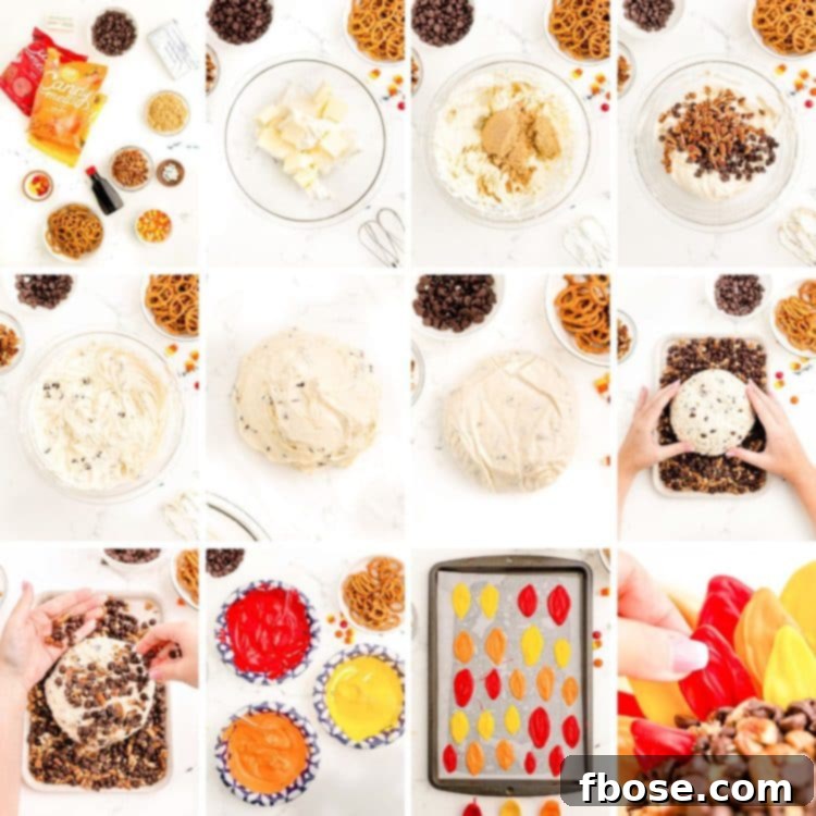 A step-by-step photo collage illustrating the process of making a turkey-decorated dessert cheeseball for Thanksgiving, from mixing ingredients to final assembly.