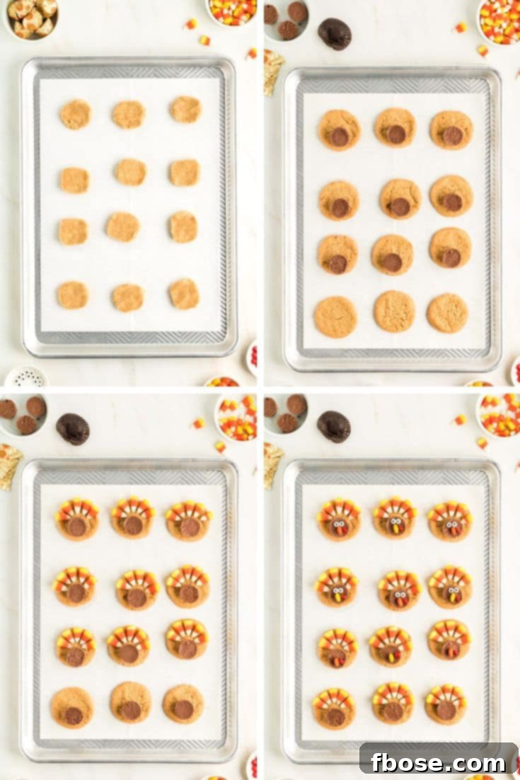 Step by step photo collage showing how to make turkey cookies.