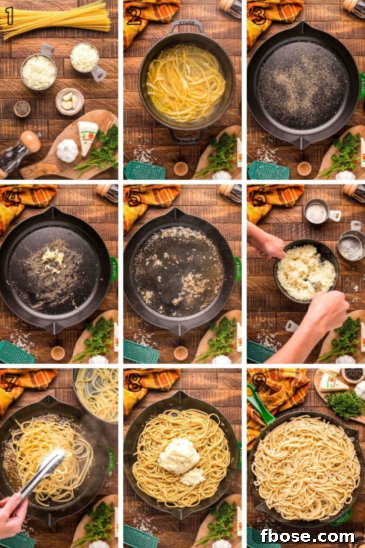 A step-by-step photo collage illustrating the process of making bucatini cacio e pepe, from cooking pasta to mixing the final creamy sauce.