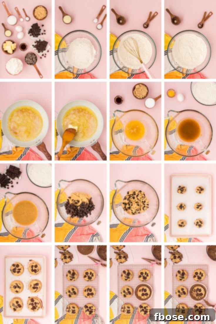 The Ultimate Brown Butter Chocolate Chips 5 Photo collage showing how to make brown butter chocolate chip cookies from scratch.
