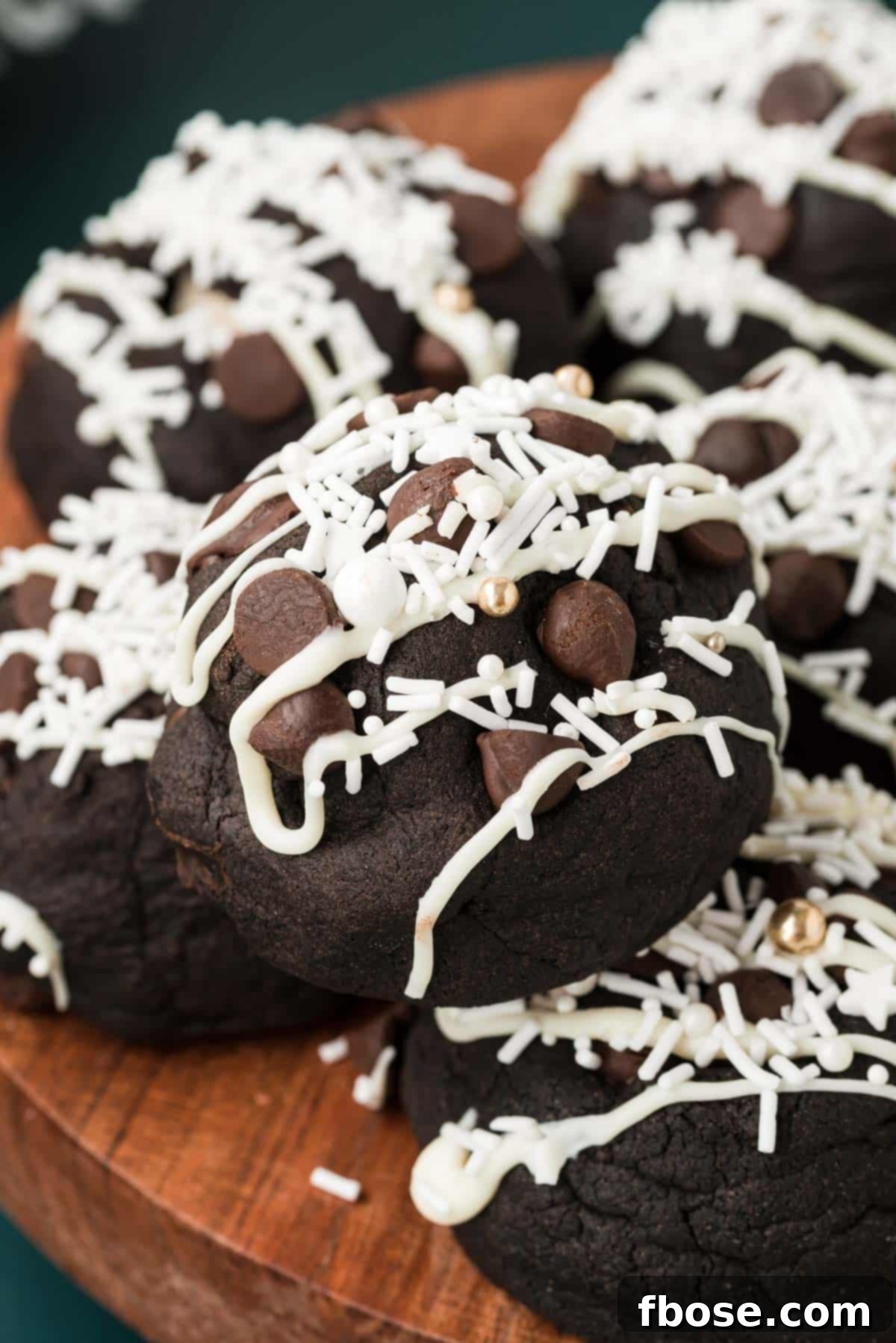 A close-up of beautifully decorated Peppermint Mocha Cookies arranged on a rustic wooden serving tray, highlighting their festive appearance and gooey marshmallow topping.