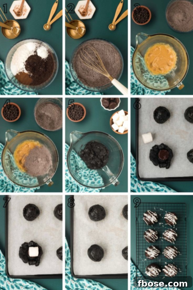 A step-by-step photo collage detailing the process of making stuffed peppermint mocha cookies, from dough preparation to the final decorated product.