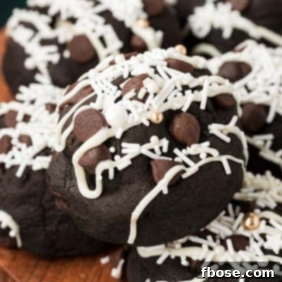 Close up photo of Peppermint Mocha Cookies on a wooden serving tray.