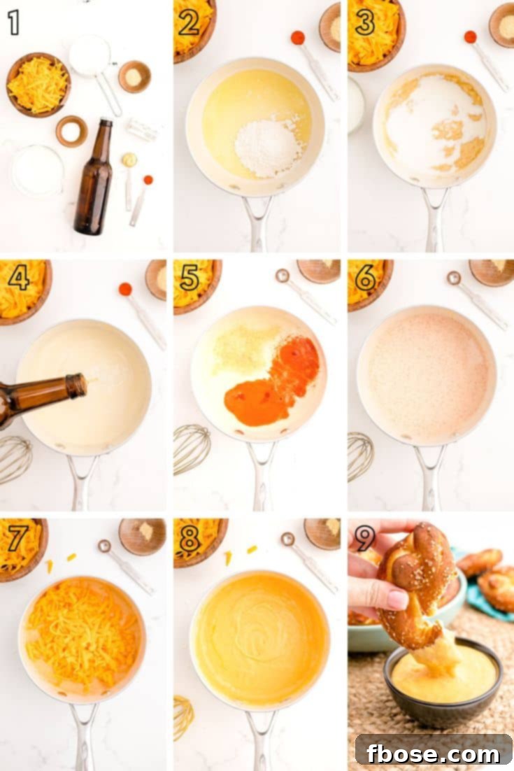 Step-by-step photo collage showing the process of making homemade beer cheese dip, from melting ingredients to the final creamy consistency.