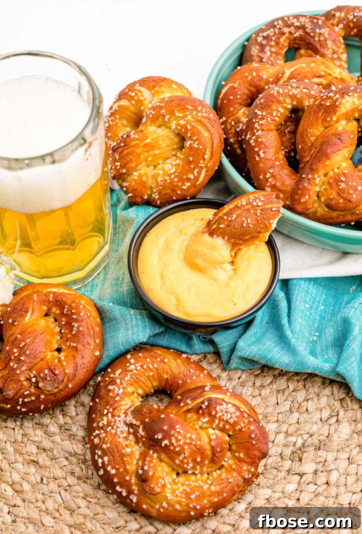 Soft pretzels neatly arranged on a teal napkin, with a bowl of homemade beer cheese dip ready for dipping.