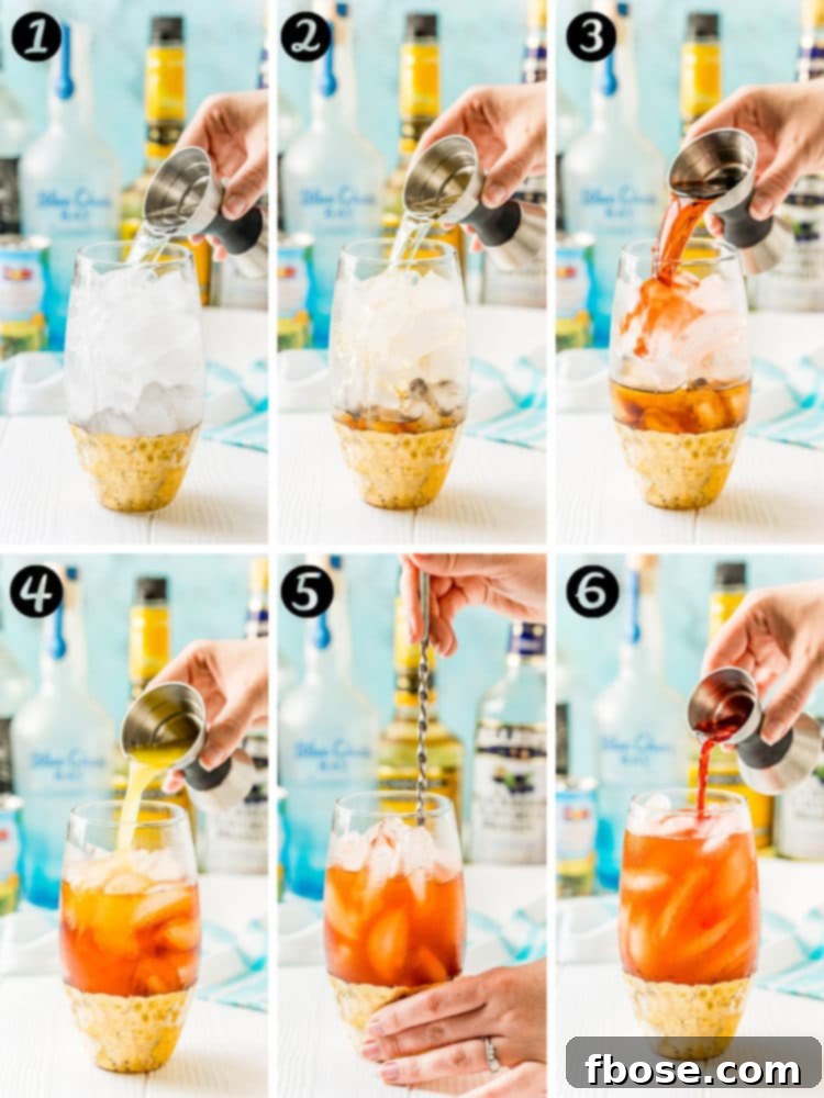 Step-by-step photo collage of a rum runner cocktail being mixed.