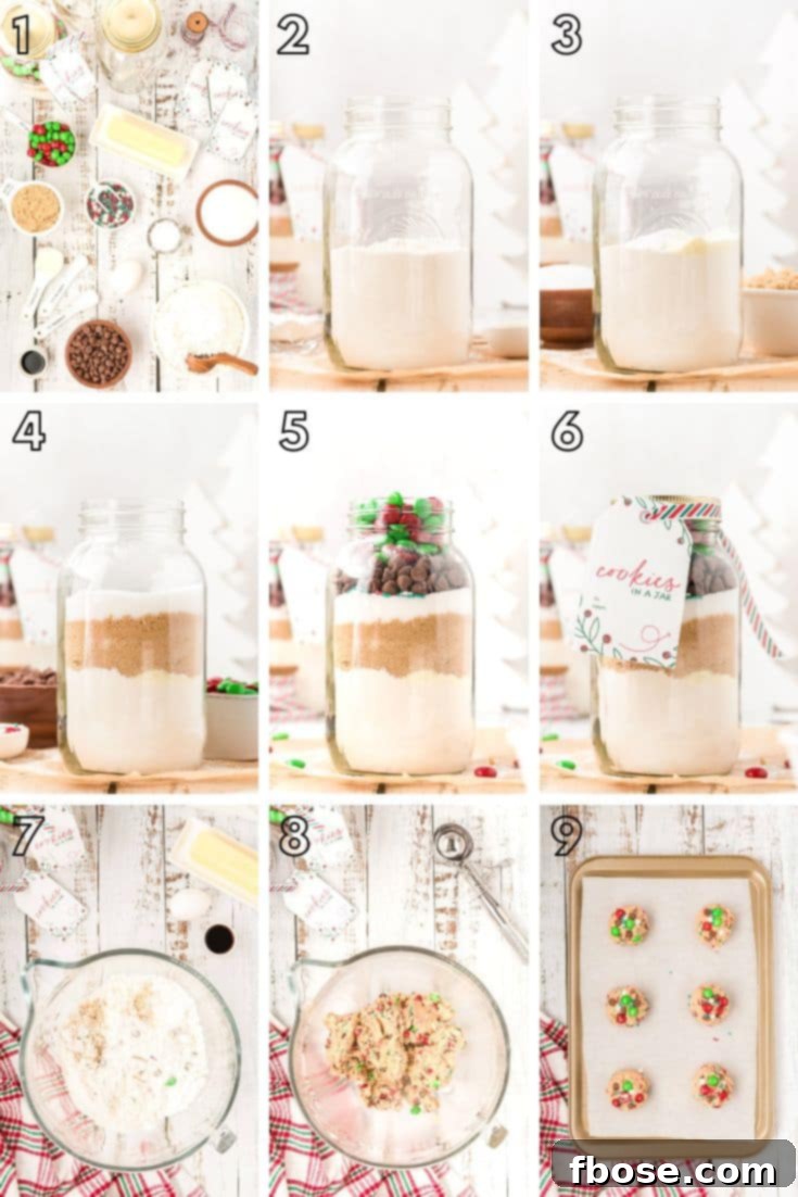 Holiday Cheer Cookie Jars 4 Step by step photo collage showing how to make cookies in a jar, from layering ingredients to the final decorated jar.