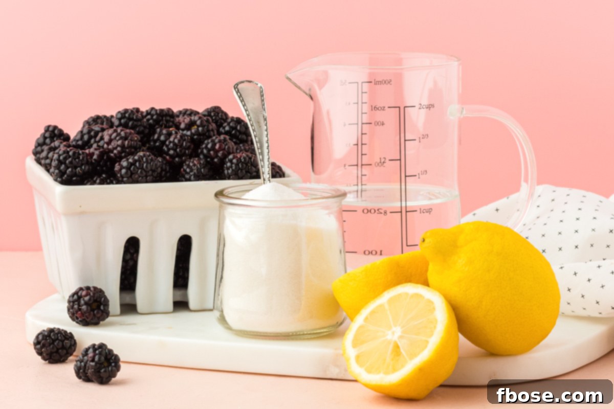 A beautifully arranged white serving tray featuring all the fresh ingredients needed to make blackberry simple syrup: a bowl of ripe blackberries, a bowl of granulated sugar, and a small glass of water, with a lemon wedge beside it.