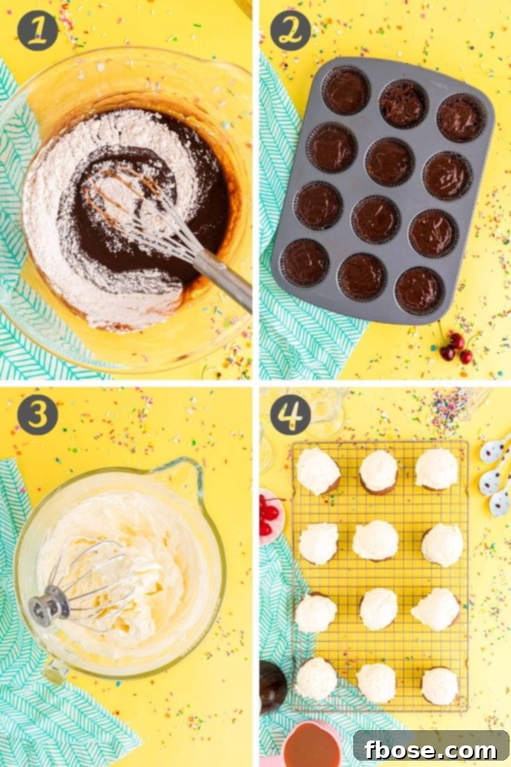 Step by step photo collage showing how to make brownie cupcakes.