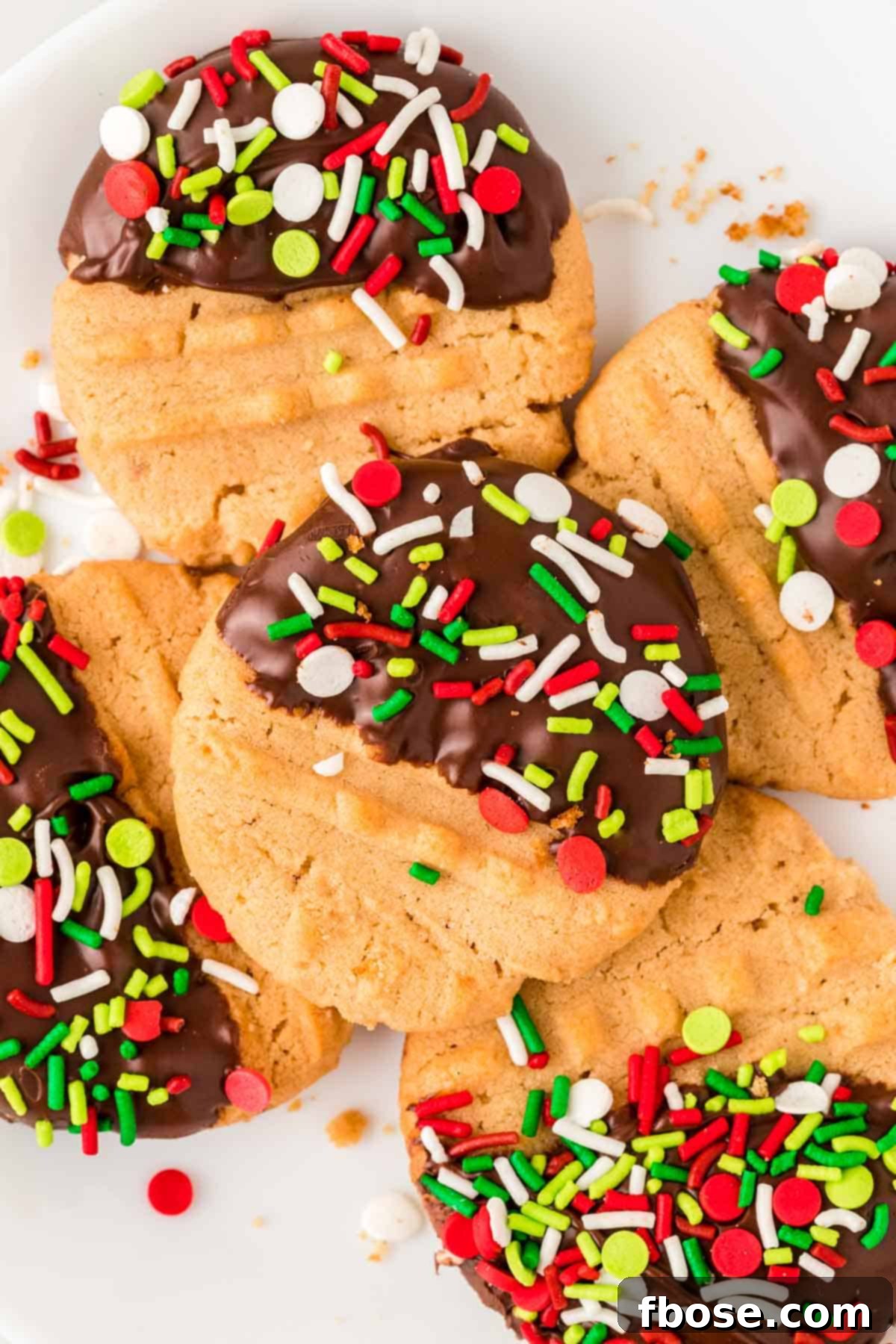 Chocolate dipped peanut butter cookies on a white plate.