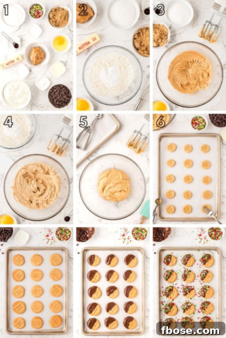 Step by step photo collage showing how to make peanut butter Christmas cookies.