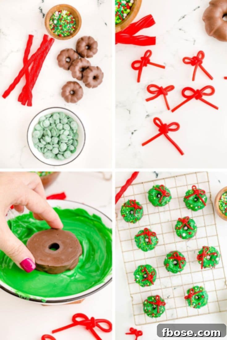 Simple Christmas Wreath Bites 4 A step-by-step photo collage illustrating the process of making Christmas Wreath Cookies, from dipping to decorating.