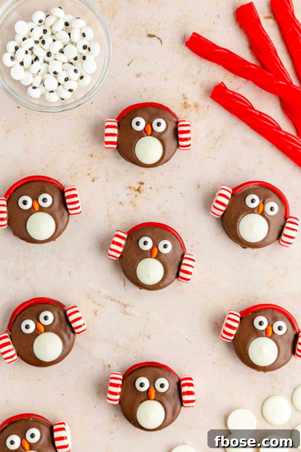 Overhead photo of Oreo Penguin Cookies on a table.