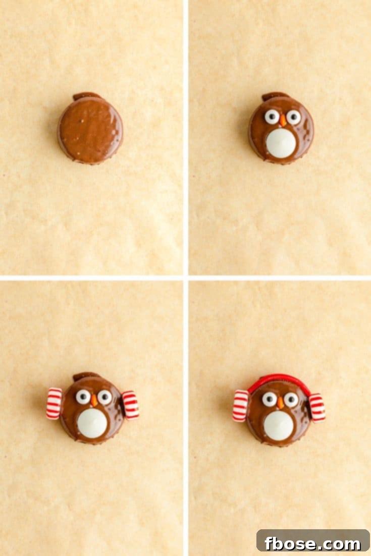 Step by step photo collage showing how to make Oreo Penguin Cookies.