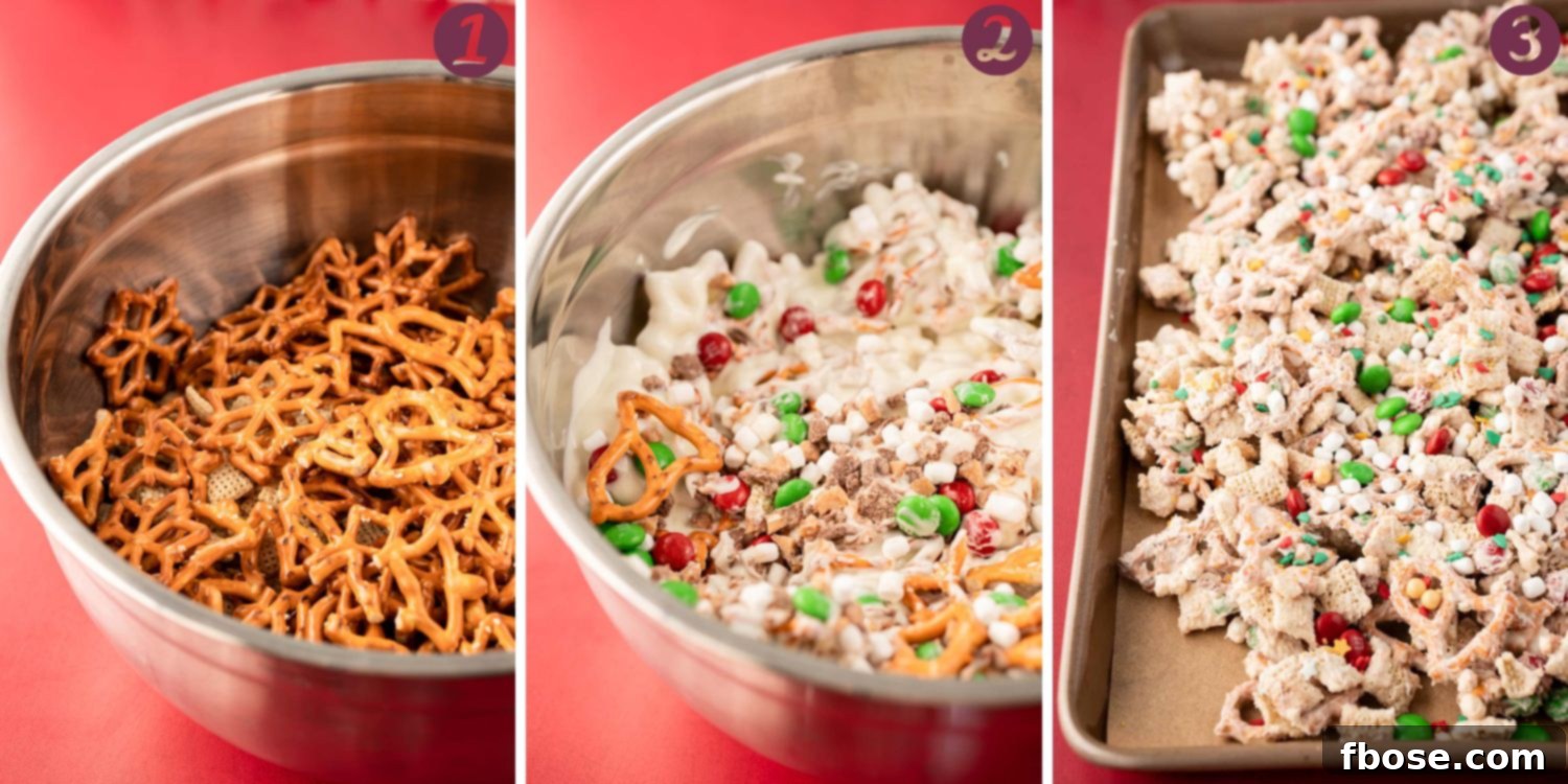 Step by step photo collage showing how to make Christmas Chex Snack Mix easily.
