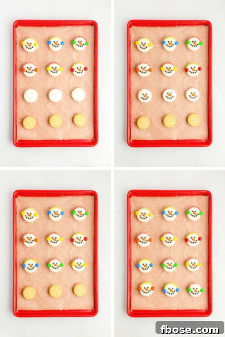 Step by step photo collage showing how to make Chocolate Covered Oreo Snowman Cookies.