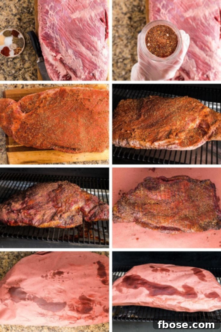 Slow-Smoked Brisket Perfection 4 Step-by-step photo collage illustrating the process of smoking beef brisket, from trimming to slicing.