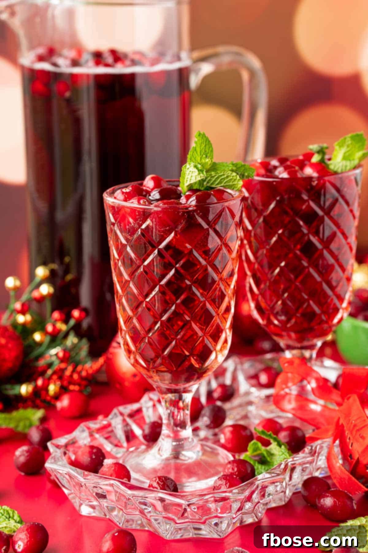 Two glasses of jingle juice on a glass tray with a pitcher behind them.