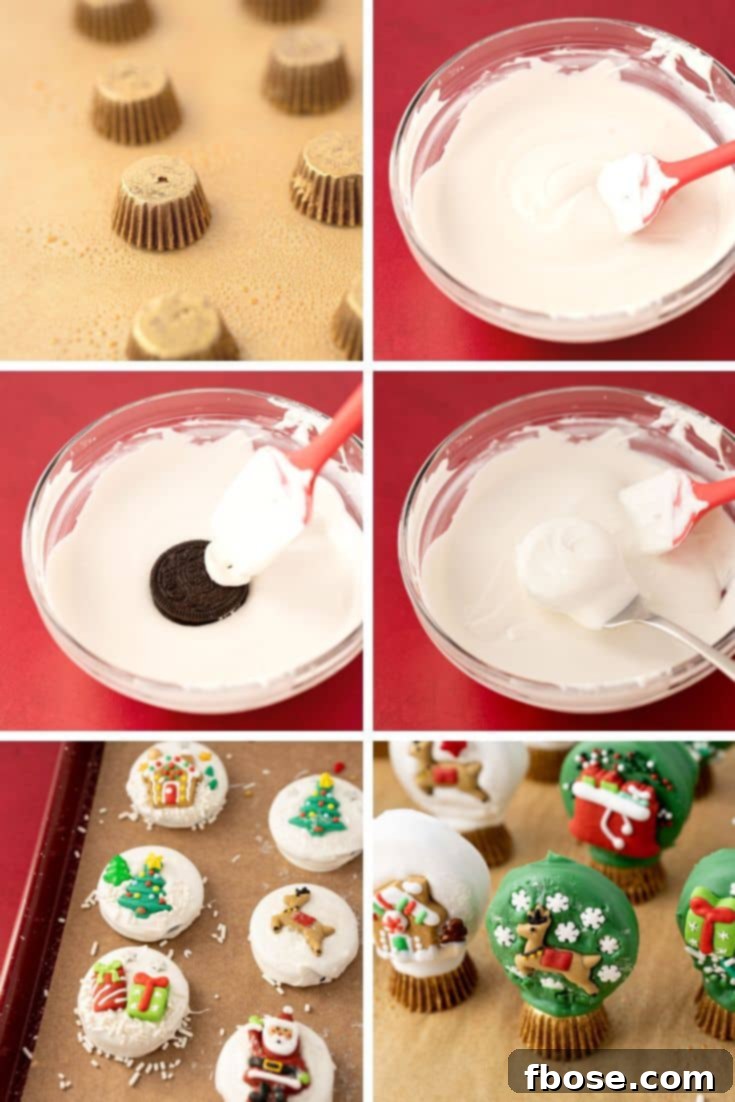 Step by step photo collage showing how to make Christmas Oreo Snow Globe Cookies.