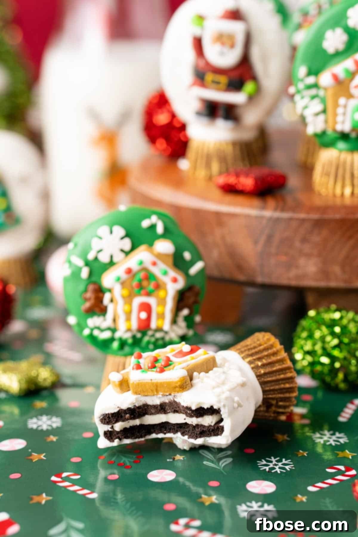Oreo Snow Globe Cookies, one on it's side with a bite taken out of it.