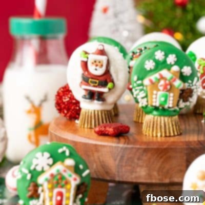 Oreo Snow Globe Cookies on a wooden cake stand.