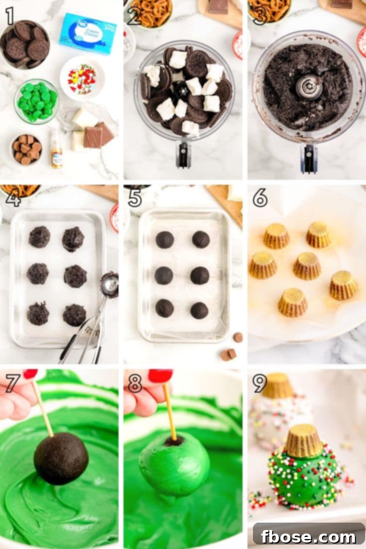 Step by step photo collage showing how to make oreo balls look like ornaments.