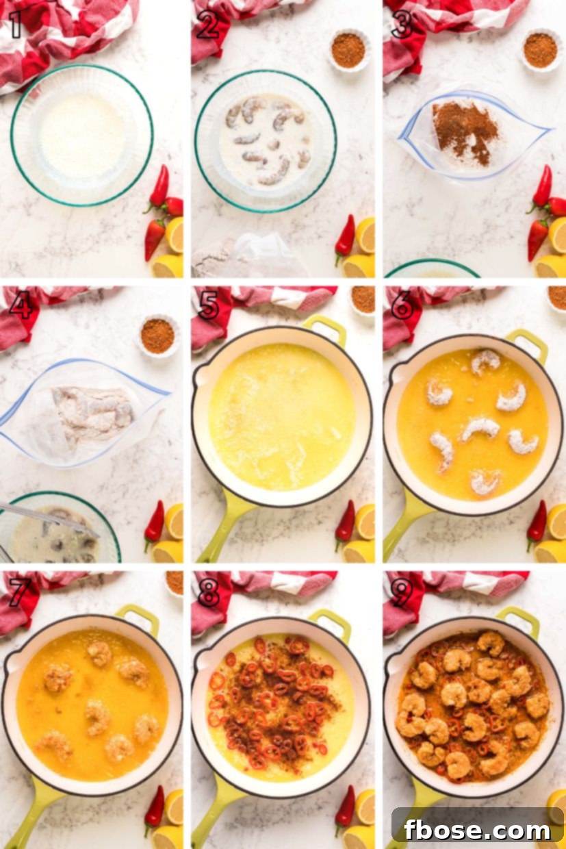 Step by step photo collage showing how to make Longhorn's wild west shrimp at home, from dredging to frying and seasoning.