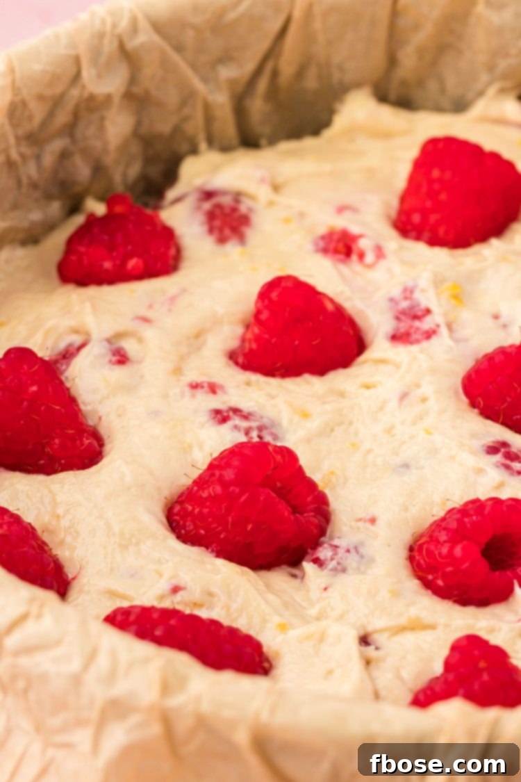 Remaining fresh raspberries are artfully pressed into the top of the cake batter within the baking pan, ready for the oven.