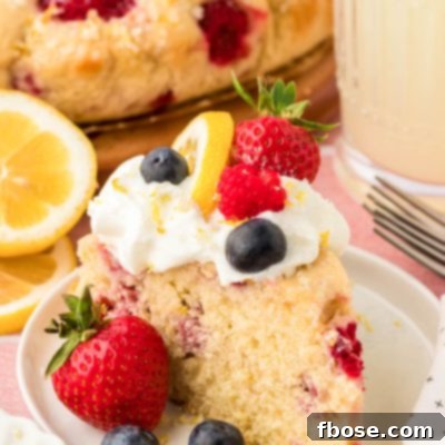 A slice of lemon raspberry cake on a white plate.