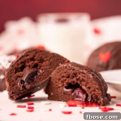 Close up photo of a chocolate cookie cut in half revealing a cherry cordial stuffed inside.