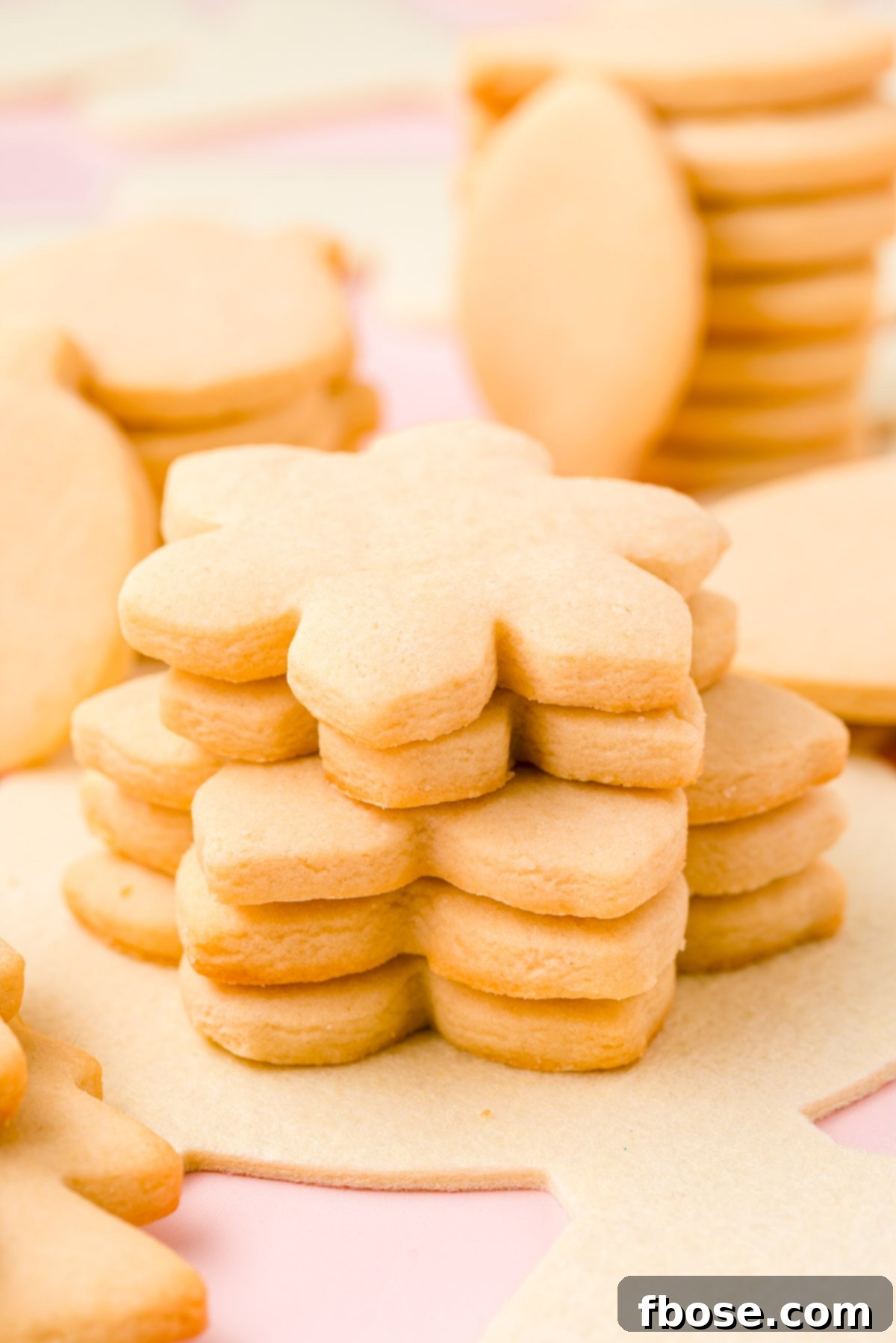 Plain cutout sugar cookies stacked on a table.