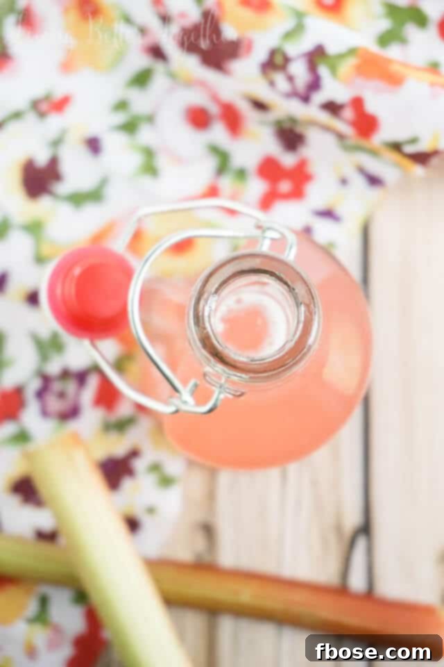 A glass of pink Rhubarb Simple Syrup, perfectly strained and ready to be used in various recipes.