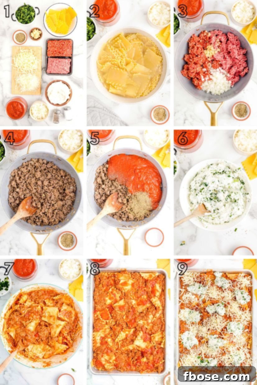 Step by step photo collage showing how to make Giada's all-crust sheet pan lasagna, from mixing ingredients to baking.