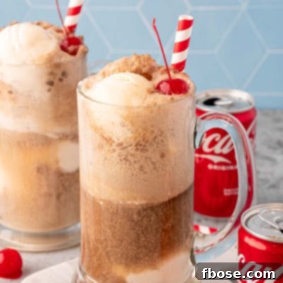 A glass stein filled with a coke float.